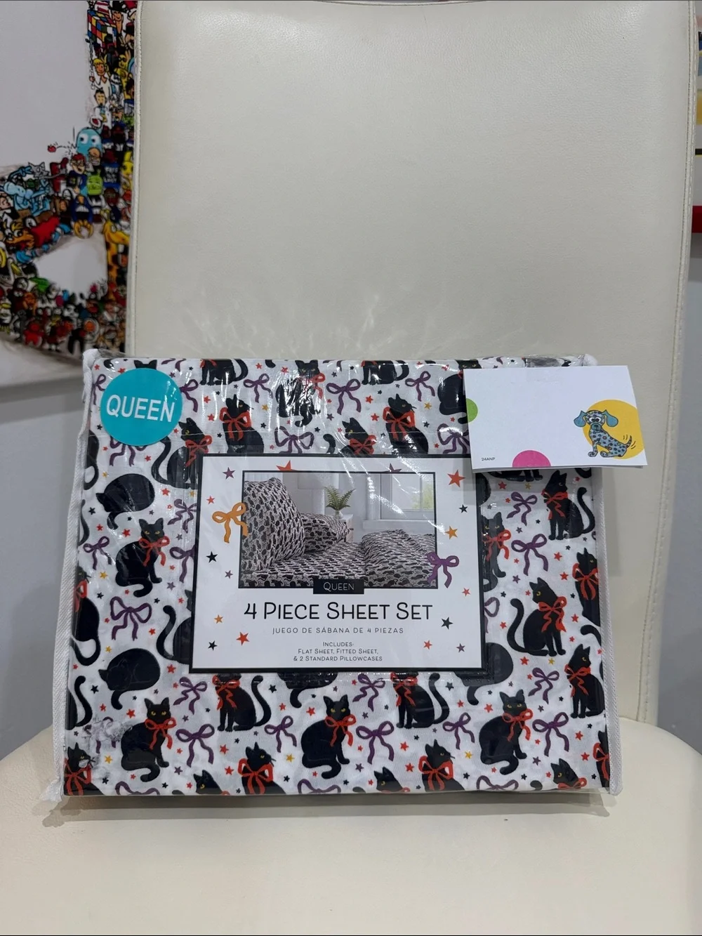 Halloween White//Purple/Orange Black Cats/Stars/Bows Queen Sheet Set